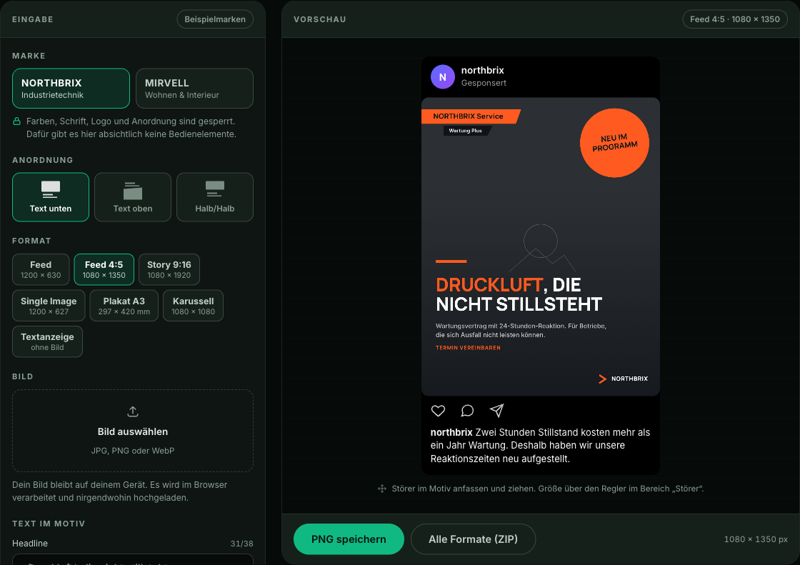 Der AdCreator: links Marke, Anordnung, Format und Text, rechts die Vorschau einer fertigen Feed-Anzeige.